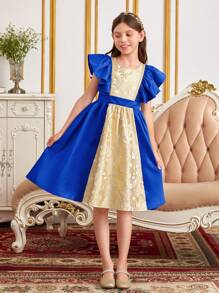 SHEIN Vestido com Manga Curta e Cintura Franzida em Tecido Jacquard com Caimento Colorido para Meninas Pré-Adolescentes