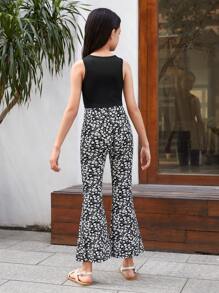 SHEIN Cô gái Tween Dệt kim Áo vest Và Hoa Quần loe Ngày lễ - màu đen - Xem 2