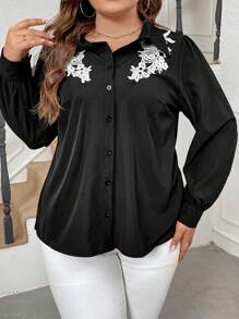SHEIN Clasi Kích thước lớn Của phụ nữ Ren Vá lại Tay áo dài Áo sơ mi - màu đen - Xem 1