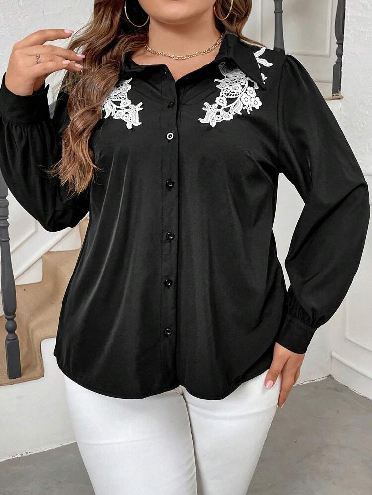 Plus Size Women's Lace Patchwork Long Sleeve Shirt