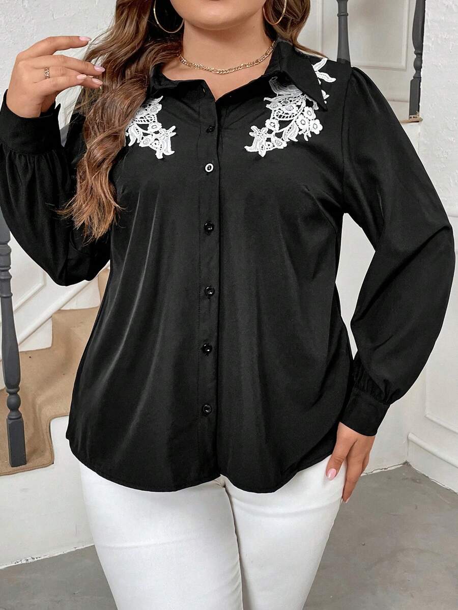 SHEIN Clasi Kích thước lớn Của phụ nữ Ren Vá lại Tay áo dài Áo sơ mi - màu đen - Xem 1