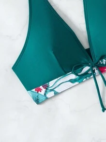 SHEIN Swim 热带印花吊带比基尼上衣，配色设计，2 件装，夏季 - 彩色 - 查看 4