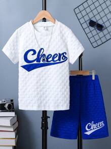 SHEIN Tween Boy Letter Embroidered Texture Two Pieces Set - White - View 3