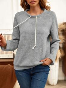 SHEIN LUNE Raglan Drawstring Detail Sweatshirt Pullover Fall Outfit - Grey - View 4