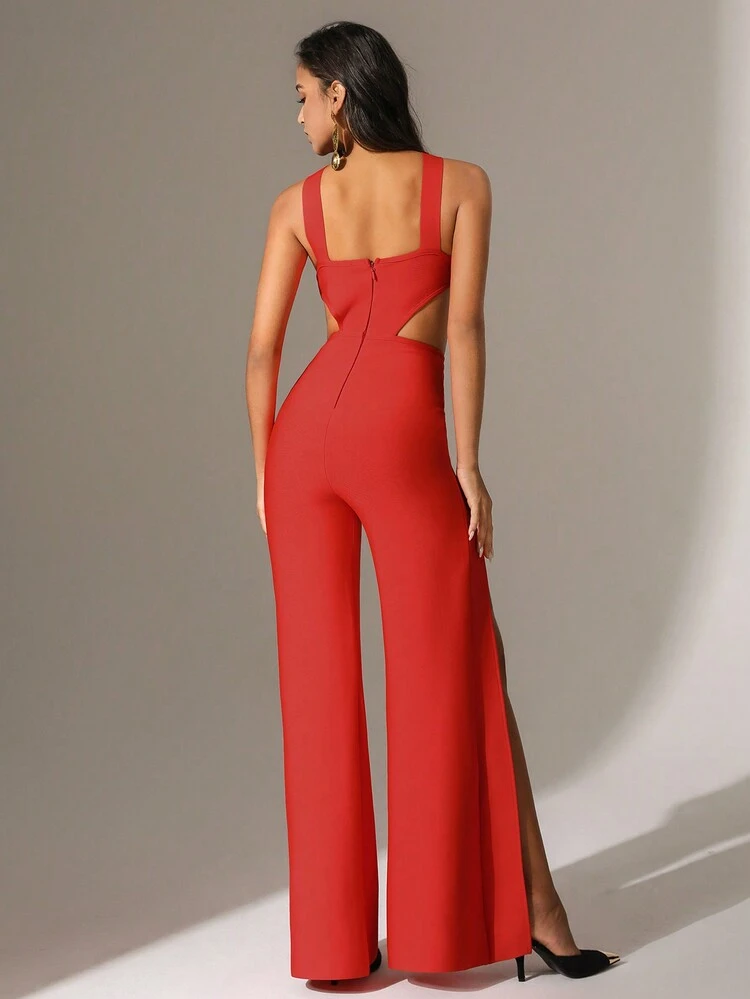 Women's Solid Color Hollow Out High Slit Halter Jumpsuit