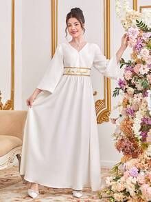 SHEIN Robe Encolure En V Taille Brodée De Garniture Dorée Pour Les Adolescentes - Blanc - Voir 7