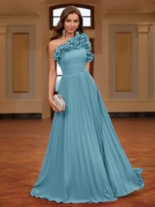 SHEIN Belle 不对称领口花卉装饰褶皱下摆晚礼服优雅正式舞会婚礼宾客礼服，适合毕业典礼、晚宴派对礼服 - 藍色 - 查看 1