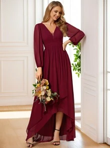 EVERPRETTY 优雅雪纺深 V 领伴娘礼服，带灯笼袖，适合婚礼宾客 - 酒紅色 - 查看 1