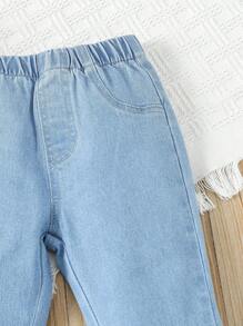 Young Girl Elastic Flare Leg Jeans, Adjustable Waist, Casual Style - Medium Wash - View 4