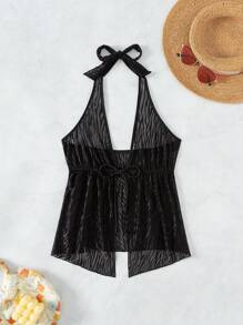 SHEIN Swim Women's Halter Neck Sleeveless Cover Up With Front Tie Summer - Black - View 3