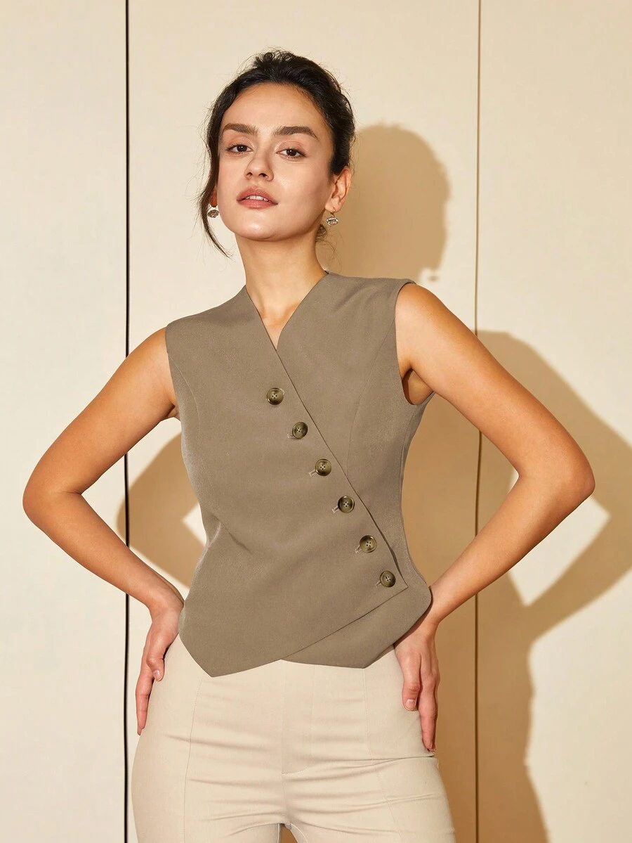 Áo vest blazer ngắn Amyenjoylife dành cho nữ xuân/hè, cài nút xiên, phong cách công sở rave cổ điển - Màu Khaki - Xem 1