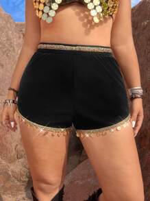 Flirla Plus Size Shiny Sequin Trim Woven Belt Shorts - Black - View 3