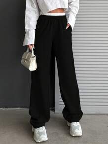 CasuGlow Color Block Drawstring Waist Casual Straight-Leg Pants - Black - View 5