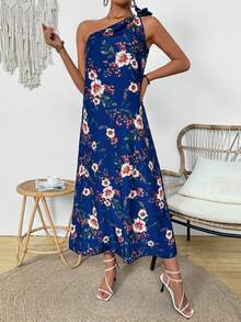 SHEIN VCAY Floral Print One Shoulder Side Slit Dress - Navy Blue - View 3