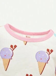 Cozy Pixies Baby Girl Snug Fit Pajama Set, Cartoon Fun Ice Cream Design, Round Collar, Regular Sleeve Pullover Top & Footed Pants - Pink - View 7