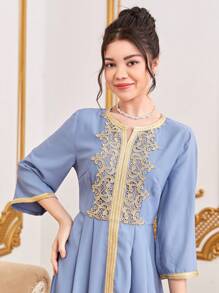 SHEIN Teen Girl Woven Solid Color Stitching Gold Silk Ribbon  Long Dress - Blue - View 3