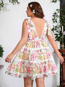 Flirla Plus Size Floral Printed Spaghetti Strap Dress - Multicolor - View 3