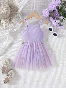 SHEIN Baby Girl Embroidery Contrast Mesh Cami Bodysuit - Purple - View 2