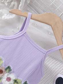 SHEIN Baby Girl Embroidery Contrast Mesh Cami Bodysuit - Purple - View 3