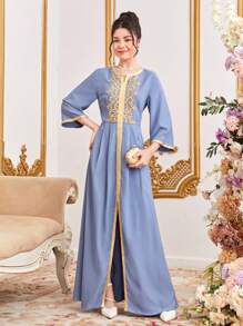 SHEIN Teen Girl Woven Solid Color Stitching Gold Silk Ribbon  Long Dress - Blue - View 4