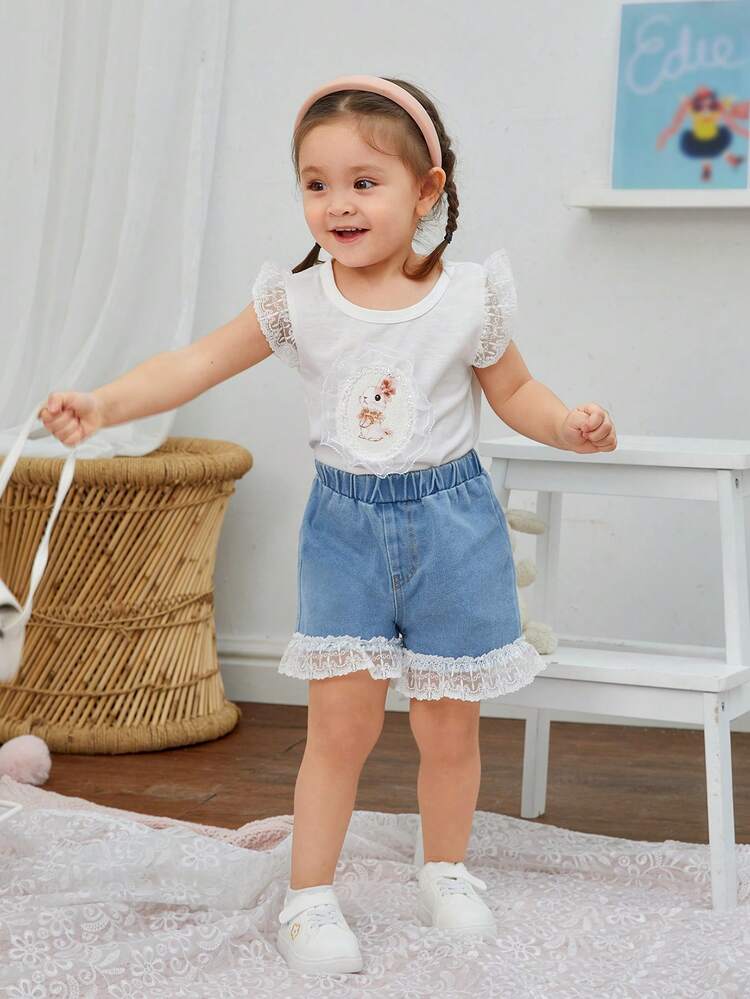 Baby Girls' Spring Summer Bunny Design Applique Lace Top And Shorts Set
