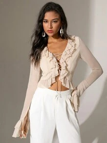 Chiquease Solid Color Crossed Tie Hem Ruffle Trim Bell Sleeve Blouse - Khaki - View 6