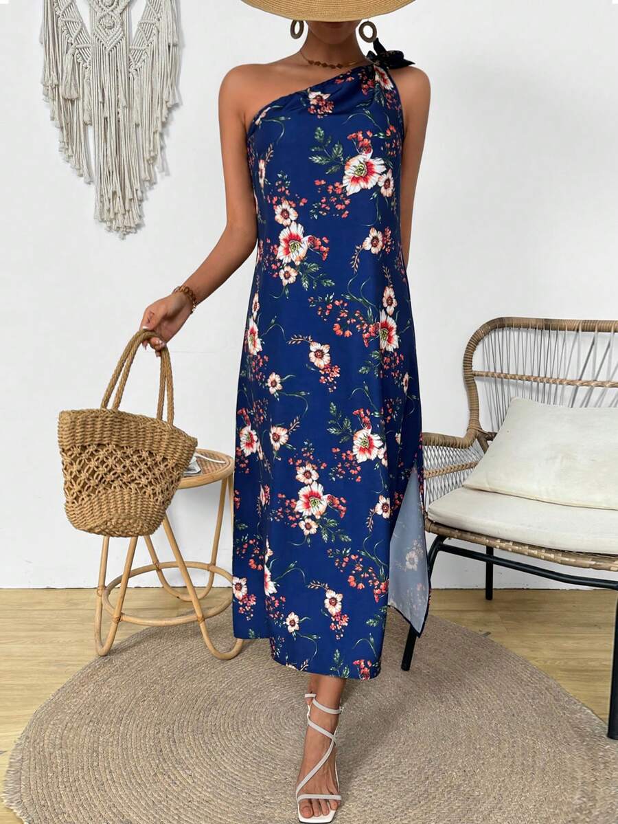SHEIN VCAY Floral Print One Shoulder Side Slit Dress - Navy Blue - View 1