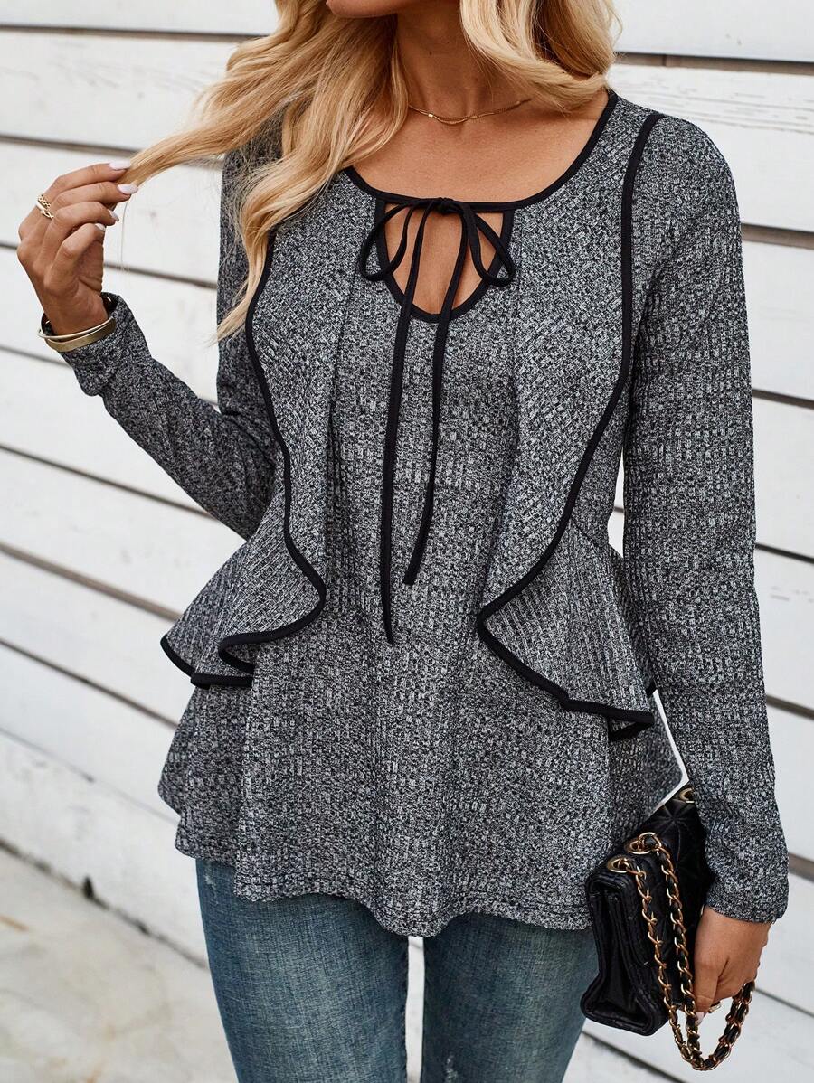 EMERY ROSE Women's Ruffle Edge Tie Front Long Sleeve T-shirt - Grey - View 1