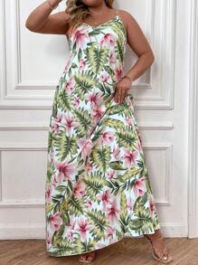 SHEIN LUNE Plus Tropical Print Cami Dress Maxi Women Outfit For Summer - White - View 5