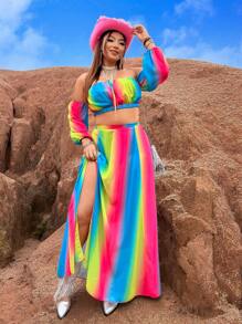 Flirla Plus Size Ombre Off Shoulder Cropped Top With High Slit Skirt Set