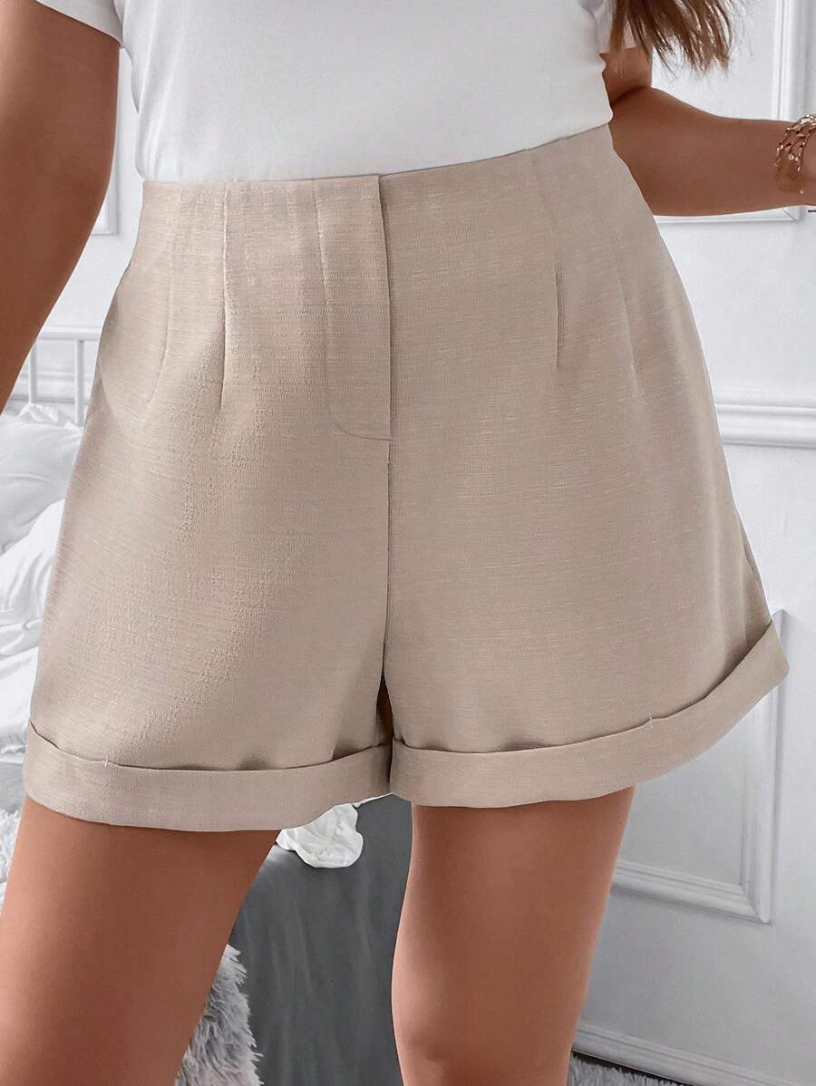 SHEIN LUNE Plus High Waist Roll Up Hem Shorts - Apricot - View 1