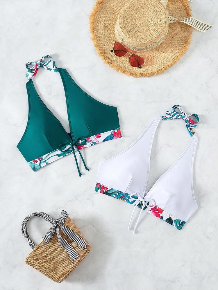 Tropical Print Halter Bikini Top With Colorblock Design, 2 Pieces Summer