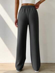 SHEIN EZwear Elastic Waist Straight-Leg Pants With Seam Front - Dark Grey - View 2