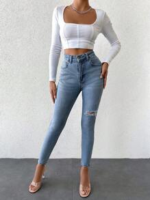 High Waist Ripped Skinny Jeans - Light Wash - View 5