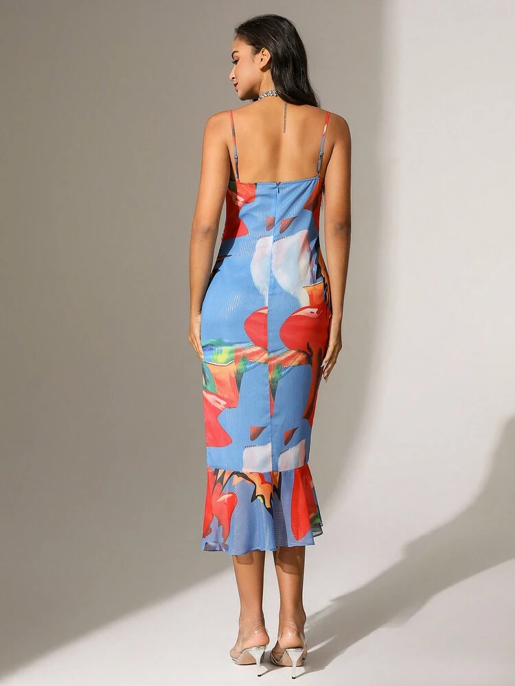 Printed Side Slit Cami Top With Ruffled Hem