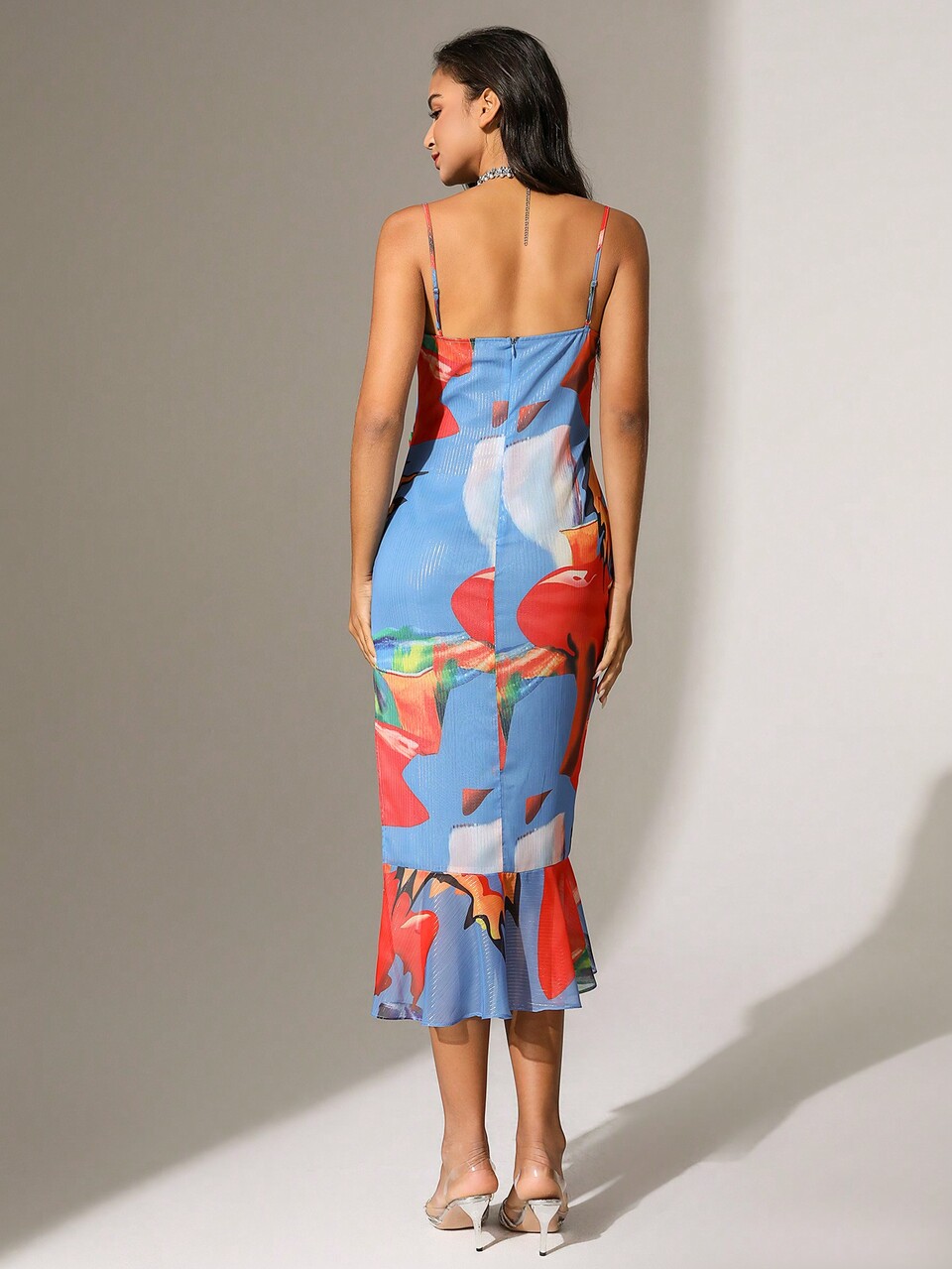 Printed Side Slit Cami Top With Ruffled Hem