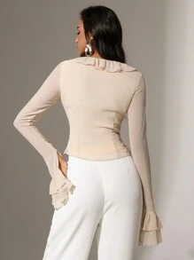 Chiquease Solid Color Crossed Tie Hem Ruffle Trim Bell Sleeve Blouse - Khaki - View 2
