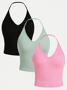Tween Girl Sports Street Fashion Knitted Solid Color Halter Top Three-Piece Pack - Mint Green - View 1