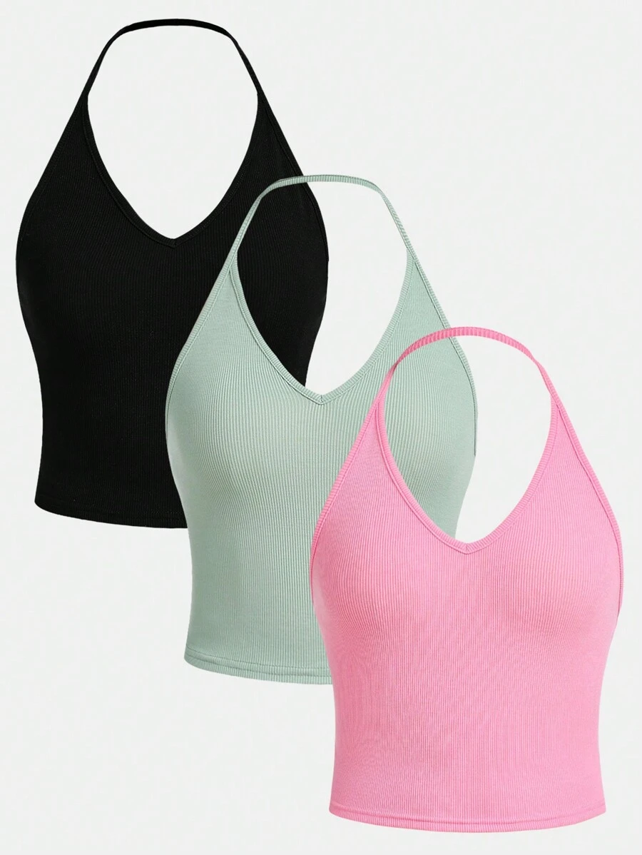 Tween Girl Sports Street Fashion Knitted Solid Color Halter Top Three-Piece Pack - Mint Green - View 1