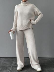EURMUSE Turtleneck Drop Shoulder Sweater & Knit Pants - Beige - View 5