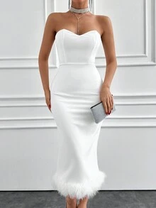 EURMUSE Ladies' Solid Color Splicing Bandeau Dress - White - View 3