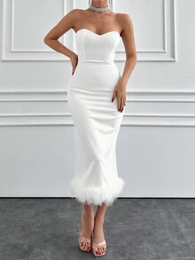 EURMUSE Ladies' Solid Color Splicing Bandeau Dress - White - View 7