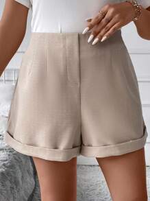 SHEIN LUNE Plus High Waist Roll Up Hem Shorts - Apricot - View 7
