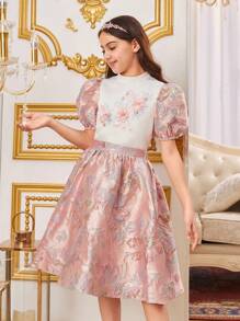 SHEIN Traje De Dos Piezas Para Niña Con Camisa Manga Abombada De Cuello Levantado Y Falda Casual De Jacquard Unida Por Medio De Empalme - Rosa - Ver 5