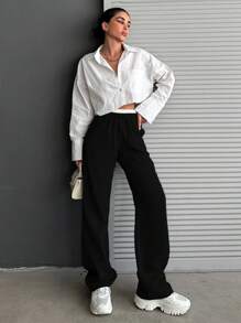 CasuGlow Color Block Drawstring Waist Casual Straight-Leg Pants - Black - View 4