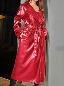 SHEIN Unity Women Pu Trench Coat Double-breasted Belted Outerwear - Red - View 5