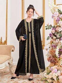 SHEIN 少女梭织拼布金色蕾丝网裙长款外套两件套