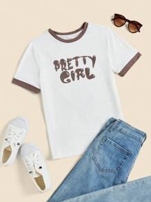 SHEIN 少女短袖針織圓領字母印花拼接T卹，夏季款式 - 摩卡棕 - 查看 1