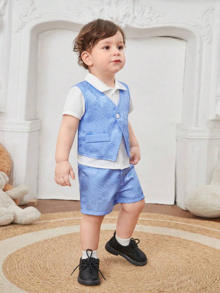 Baby Boy Party Gentleman Outfits With Solid Shirt, Jacquard Vest And Shorts