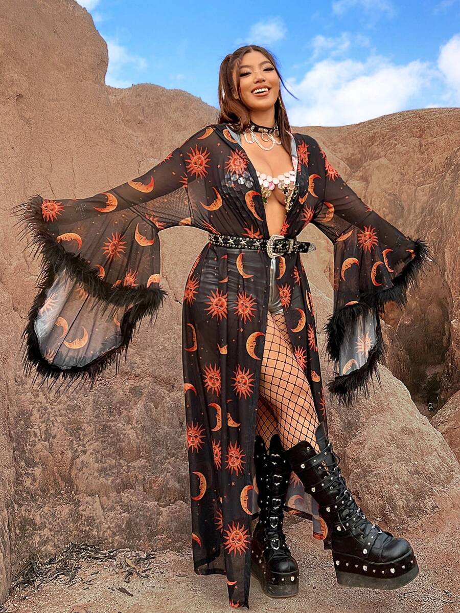 Flirla Plus Size Moon And Star Print Fleece Festival Jacket With Fringe Hem Fall Winter Cloth For Women Autumn - Black - View 1